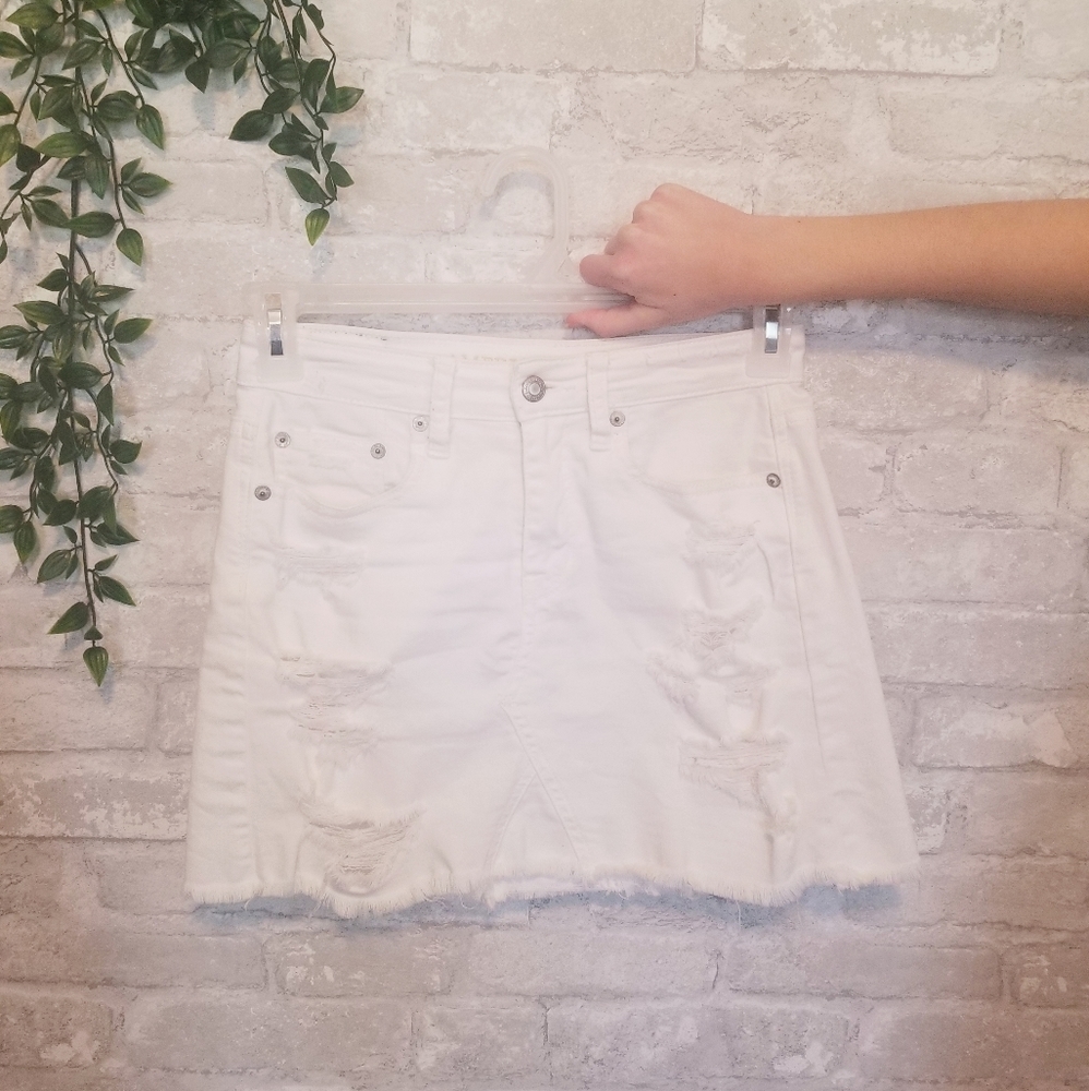 American Eagle Distressed White Denim Mini Skirt
